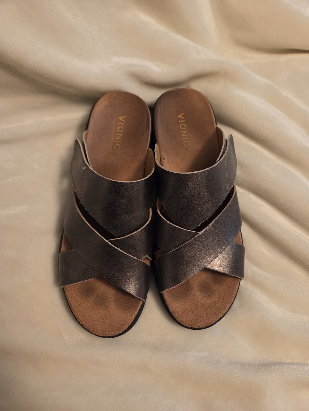 Vionic Uptown Sunset Gunmetal Metallic Leather Crisscross Slide Sandals Size 11